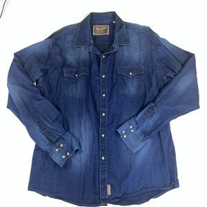 Vintage Wrangler Retro Western Pearl Snap Dark Wash Denim Button-Down Shirt XL